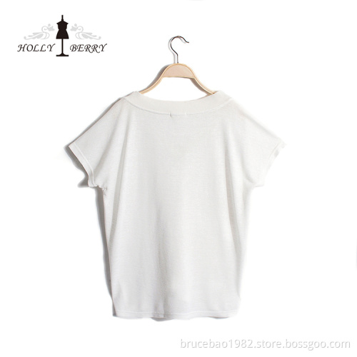 Lightweight Summer Solid Knitted V-neck White Shirt